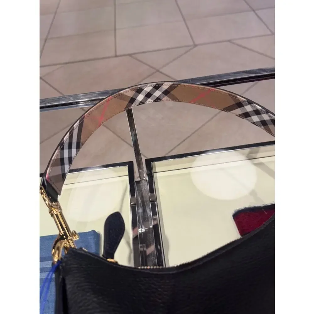 Burberry Black Pebbled Leather with Check Shoulder/hobo bag New - Picture 2 of 7